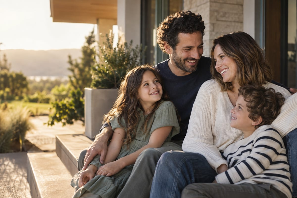 A family of four laughing together on their porch in evening light