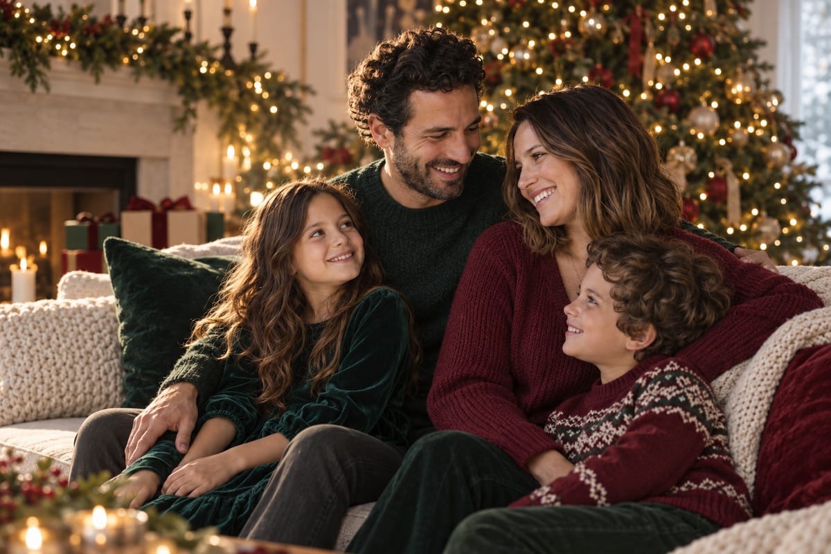 The same family of four as a polished Christmas portrait by the tree, labeled AI Generated