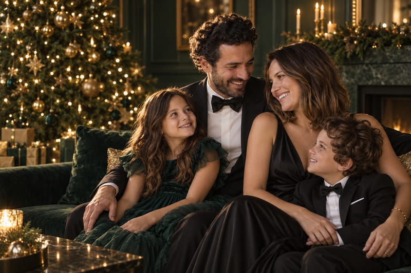 The same family of four in black tie and velvet on a green sofa by the tree, labeled AI Generated