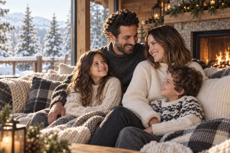 The same family of four in cream knits by a cabin fireplace with snowy woods outside, labeled AI Generated
