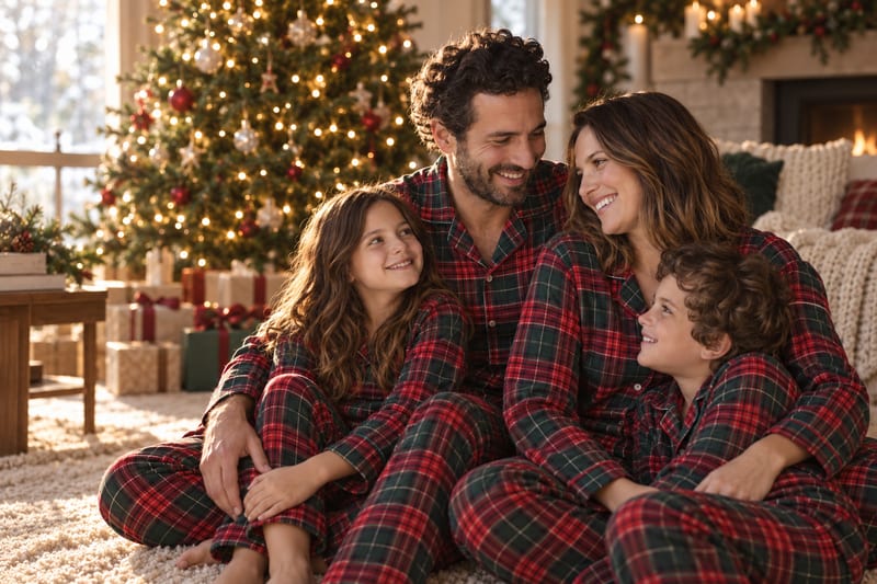 The same family of four in matching red plaid pajamas by the Christmas tree, labeled AI Generated
