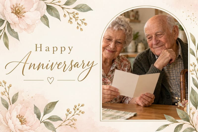 A 6×9 anniversary LifeCard: blush florals and “Happy Anniversary” in gold script beside an arched photo of an older couple