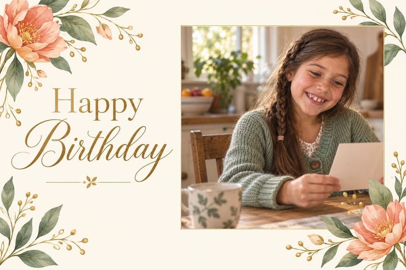 A 6×9 birthday LifeCard: watercolor peonies and a gold “Happy Birthday” beside a photo of a grinning girl in a green cardigan