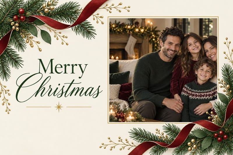 A 6×9 Christmas LifeCard: evergreen, holly and a red ribbon around “Merry Christmas” beside a photo of a family of four in holiday knits