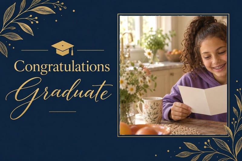A 6×9 graduation LifeCard: navy and gold laurels around “Congratulations Graduate” beside a photo of a smiling teenager