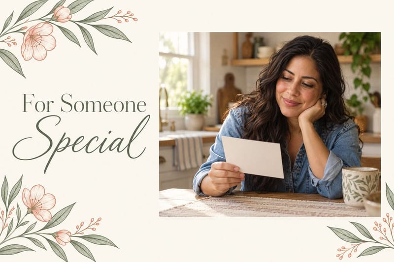 A 6×9 just-because LifeCard: sage leaves and blossoms around “For Someone Special” beside a photo of a woman at a sunlit table