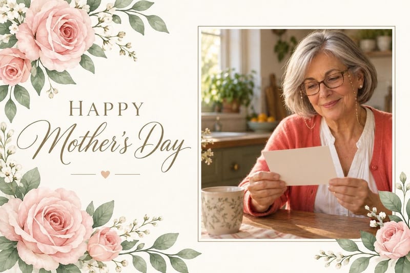 A 6×9 Mother’s Day LifeCard: pink roses and “Happy Mother’s Day” beside a photo of a silver-haired woman at her kitchen table