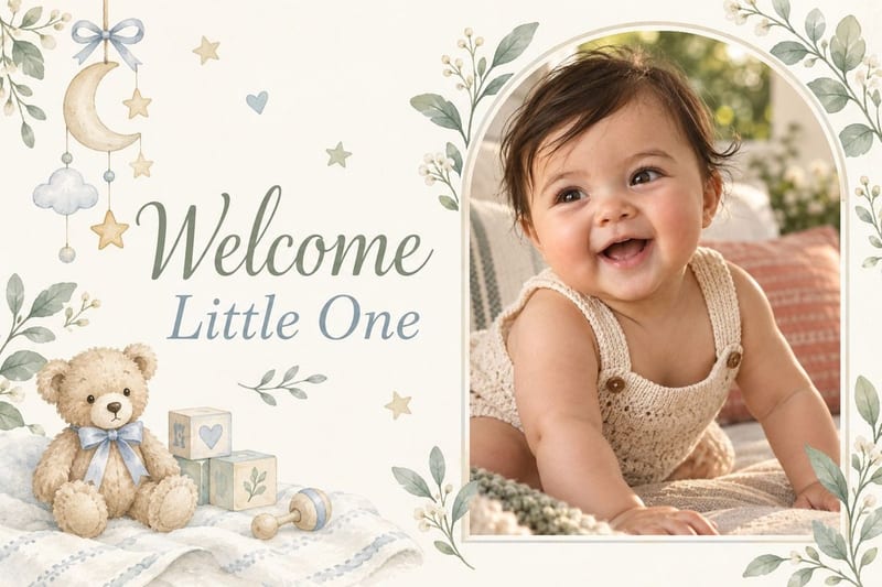 A 6×9 new-baby LifeCard: a watercolor teddy bear and “Welcome Little One” beside an arched photo of a laughing baby