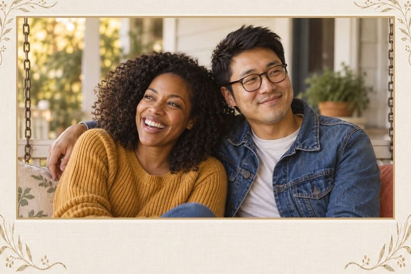 A 6×9 LifeCard in the Linen Frame design: a photo of a couple on a porch swing framed in ivory linen and gold under the words “With all our love”