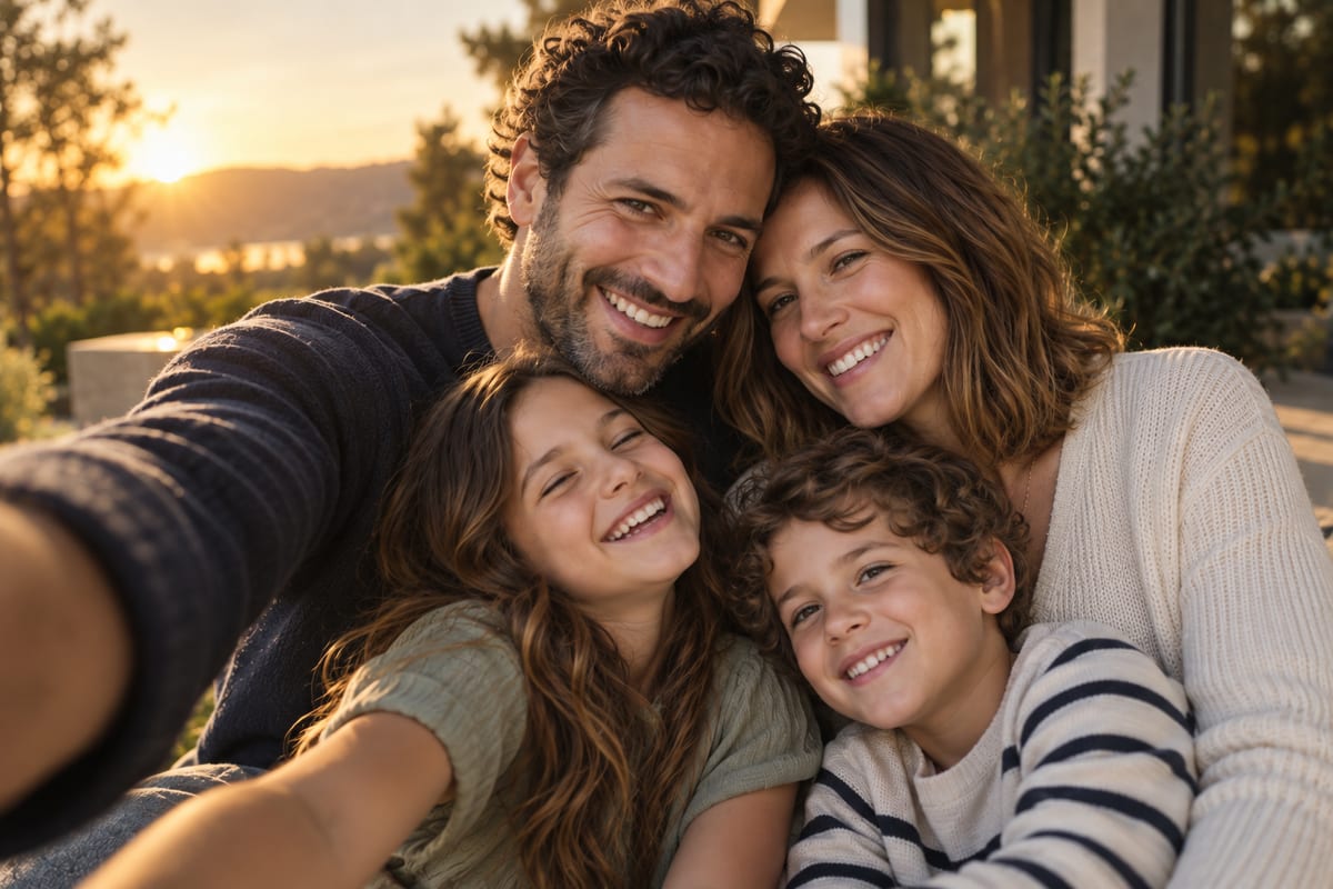 A family of four squeezed into a selfie on their porch at sunset