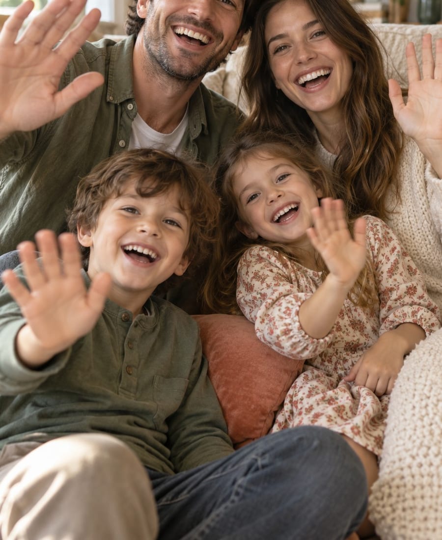 A family of four waving at the camera in a warm living room