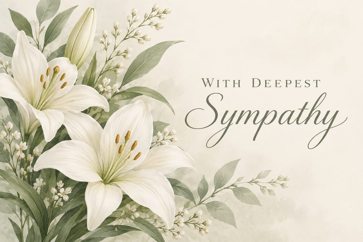 Sympathy design: white lilies and the words “With Deepest Sympathy”