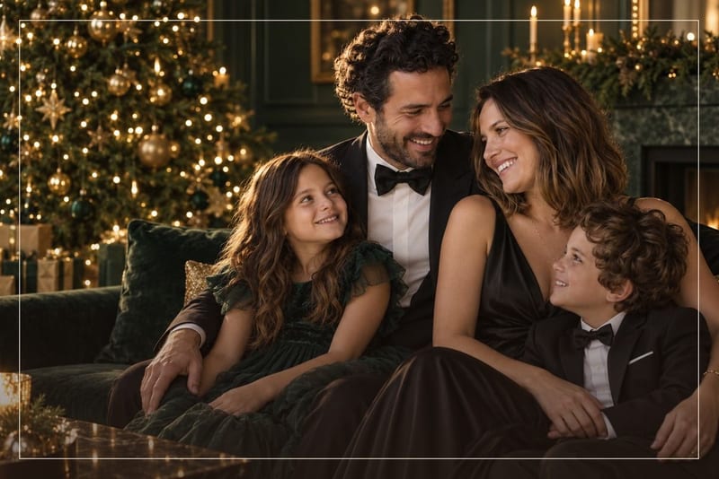 A LifeCard in the Studio Portrait design: a family in black tie on a green sofa by the tree