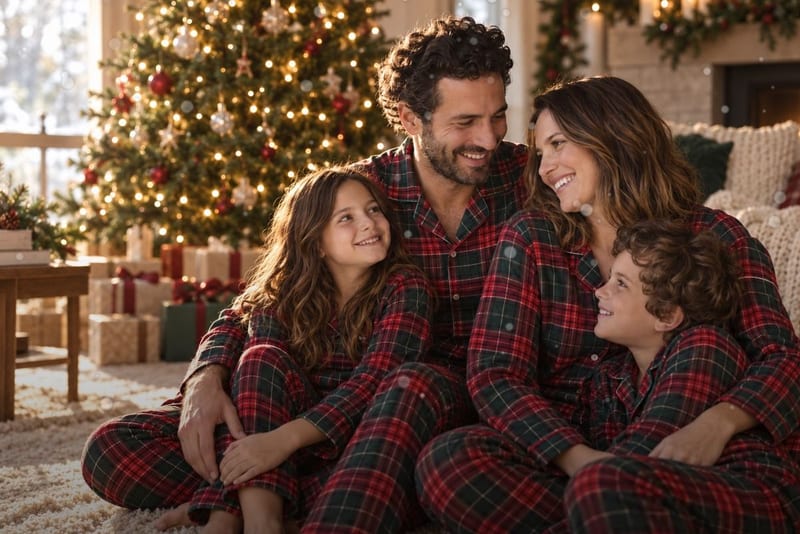 A LifeCard in the Snowfall design: a family in red plaid pajamas by the tree