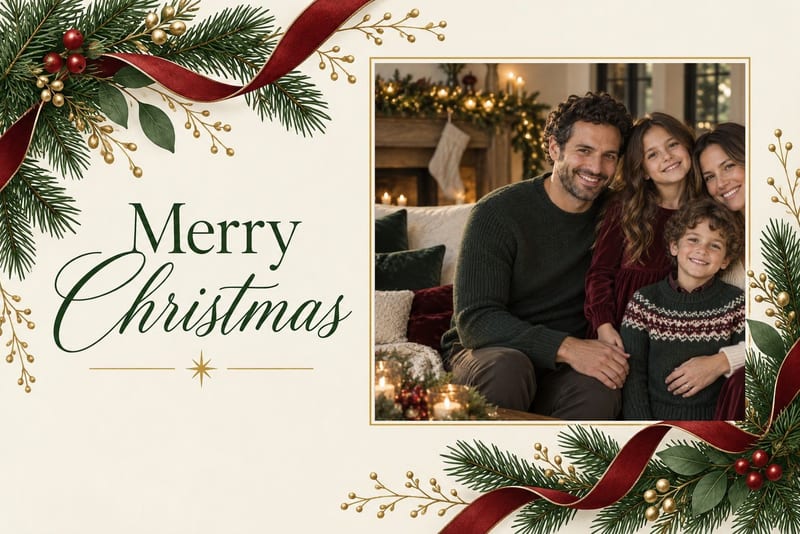 A Christmas LifeCard: a family of four in knits by the tree, framed by evergreen and a red ribbon