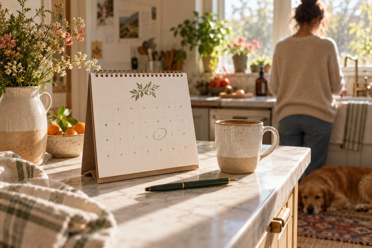 A tabletop calendar with one date circled beside a mug on a sunlit kitchen counter