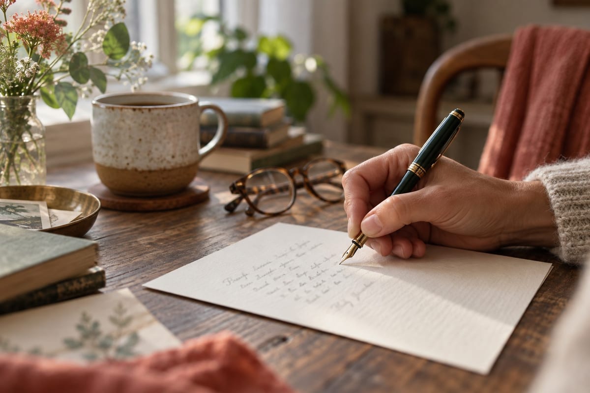A hand writing with a fountain pen on cream card stock, coffee and reading glasses out of focus
