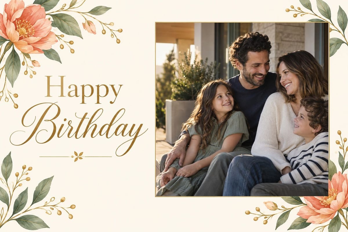 The front of a 6×9 birthday LifeCard: watercolor florals and a “Happy Birthday” headline beside a photo of a family of four on a porch at golden hour