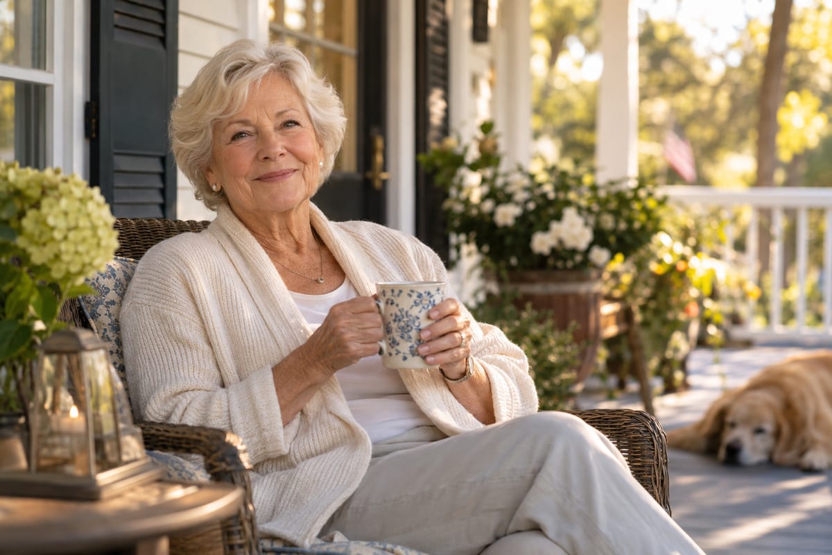 A silver-haired woman on a sunny porch with a mug, a dog asleep beside her chair