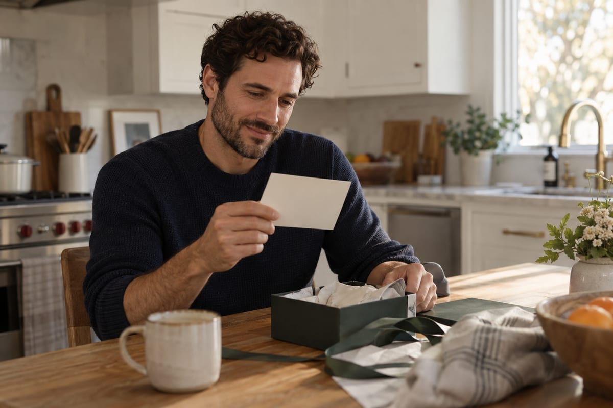 A man at a kitchen table in the morning, reading a small card he has just opened