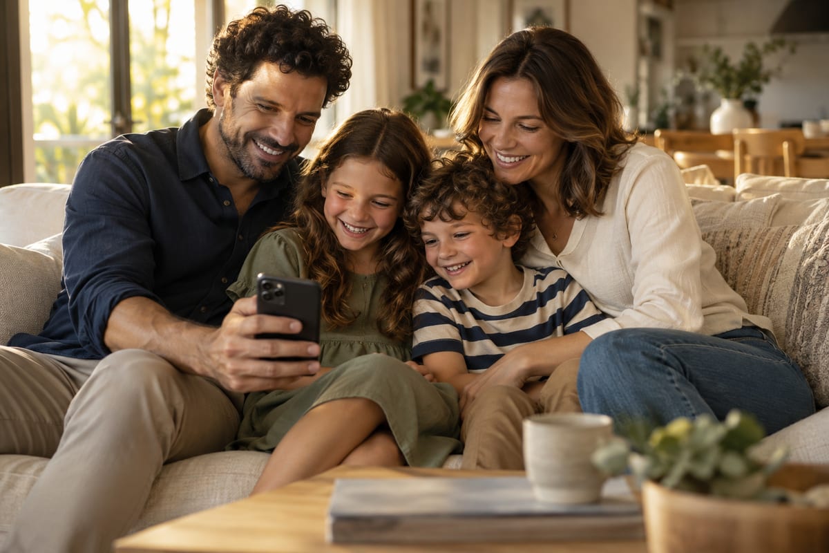 A family of four on the couch choosing photos together on a phone
