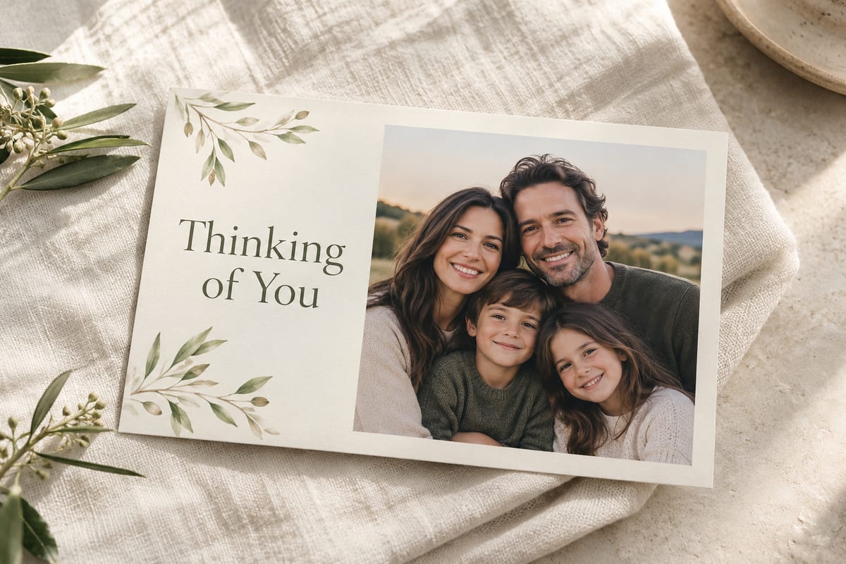 A printed 6×9 LifeCard on ivory linen with a sprig of eucalyptus: a family photo beside the words “Thinking of You”