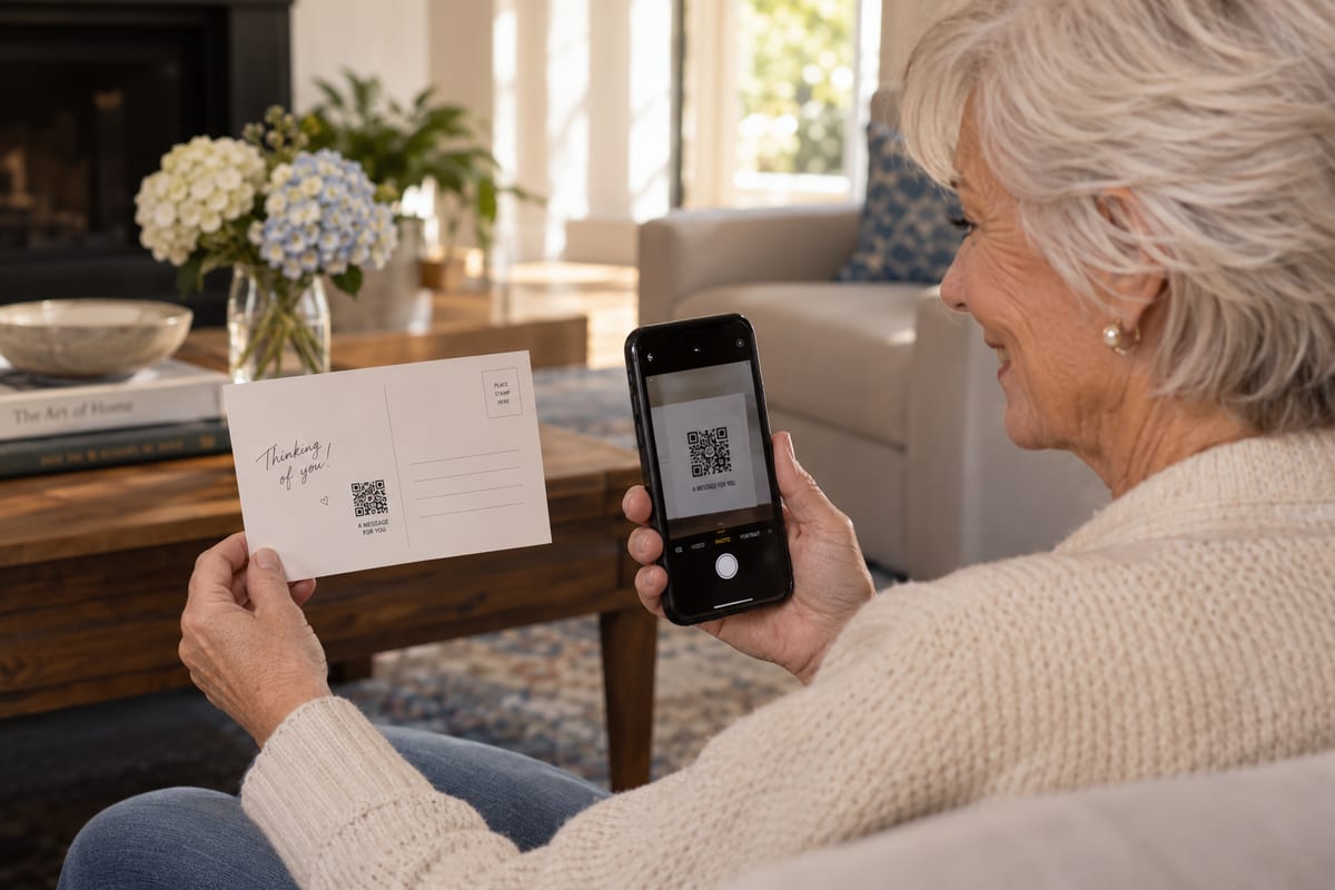 A grandmother holding her phone up to the QR square on the back of a LifeCard