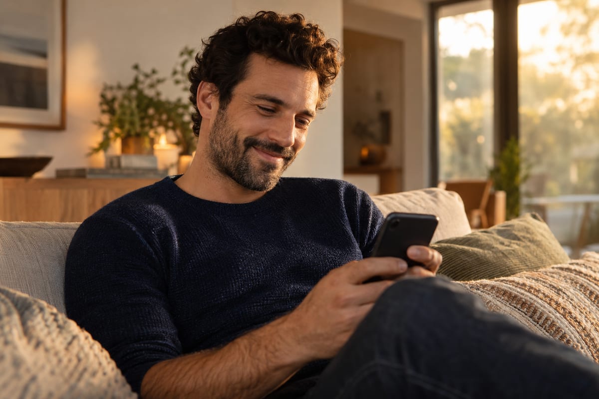 A man on a couch smiling at his phone in warm evening light
