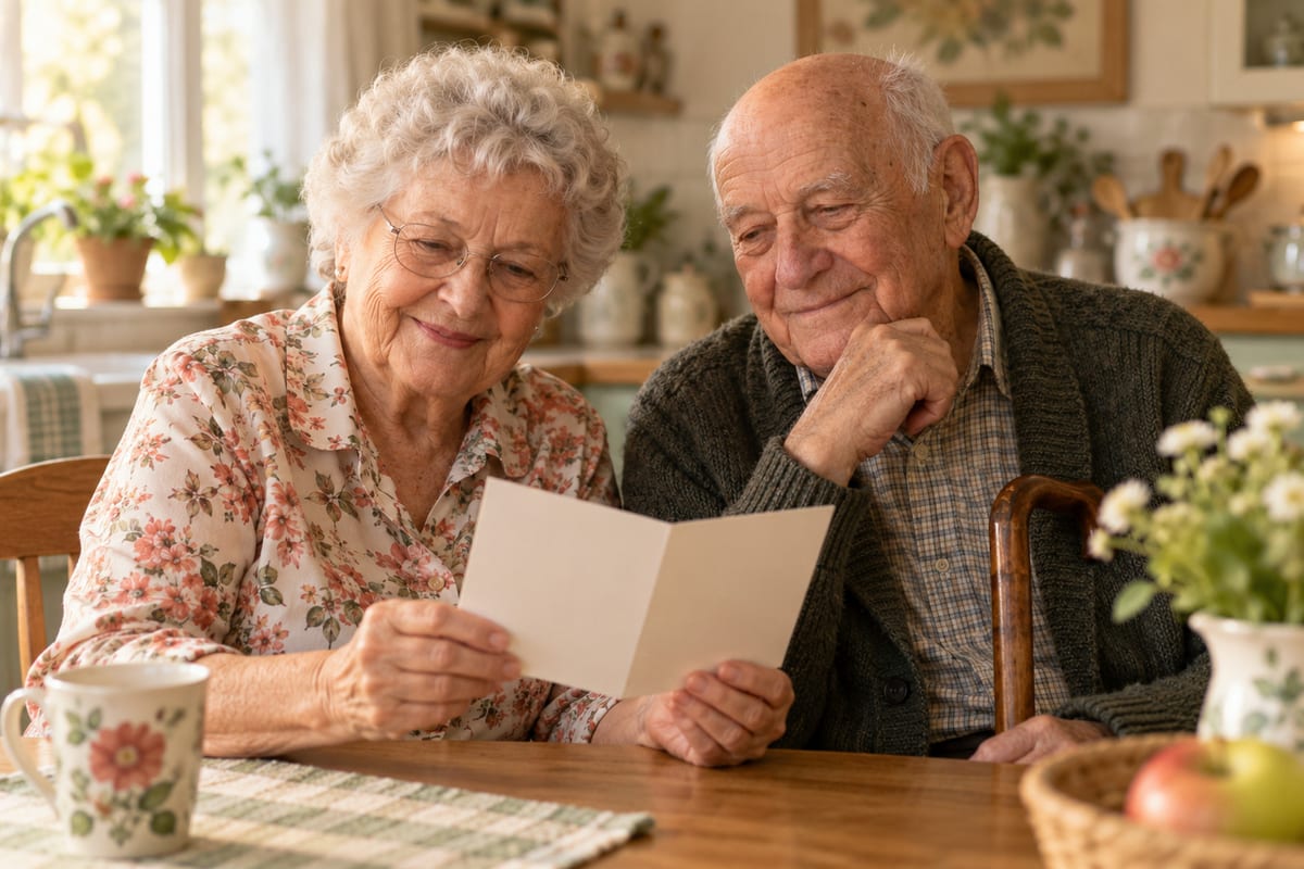 An elderly couple leaning together over a card at their kitchen table