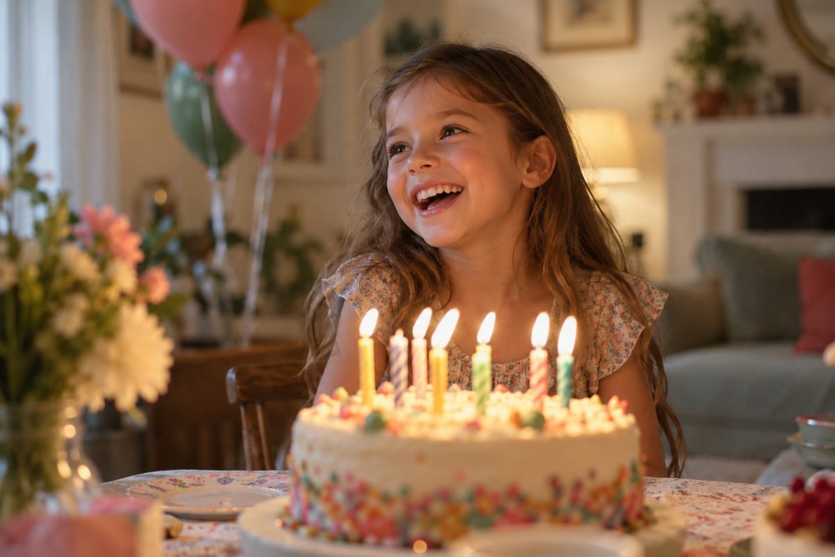 A girl mid-laugh behind a lit birthday cake, balloons soft in the background