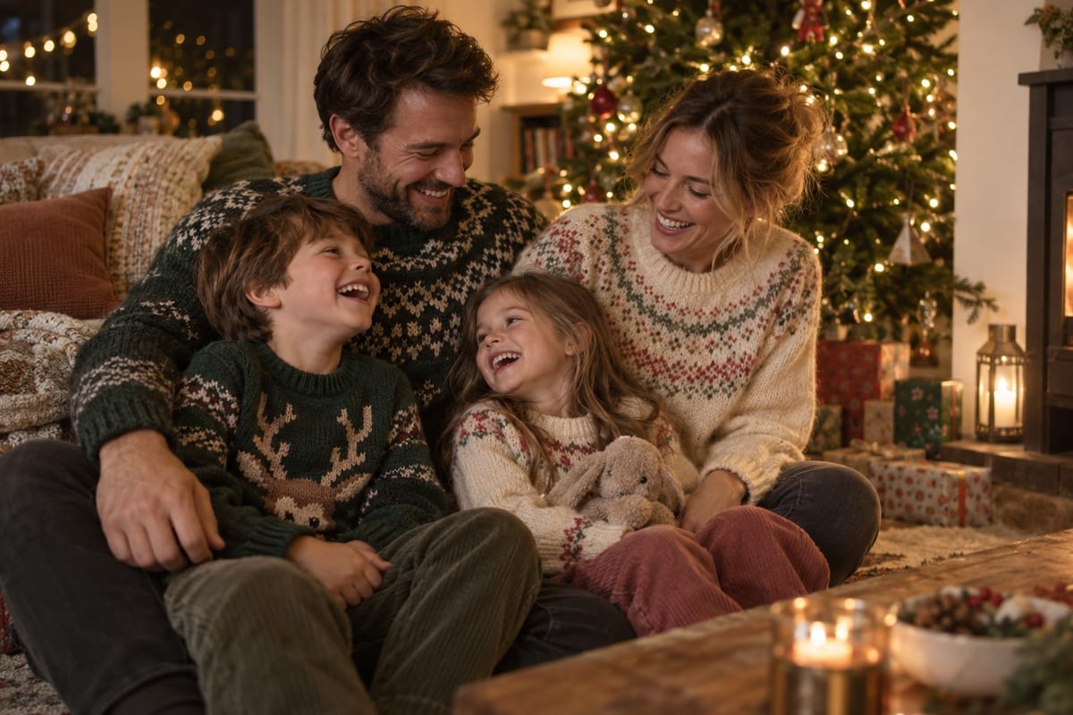 A family of four in knitted jumpers laughing together by a lit Christmas tree