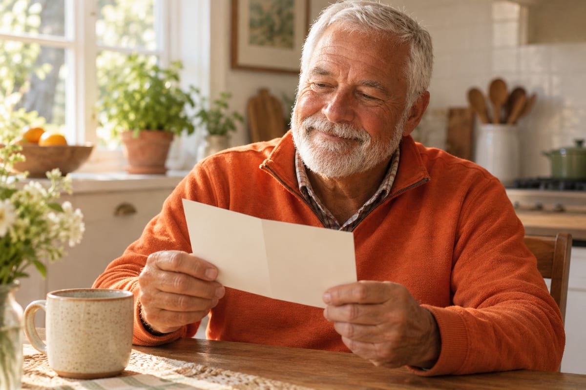 A white-bearded man in an orange quarter-zip grinning at a card in his hands