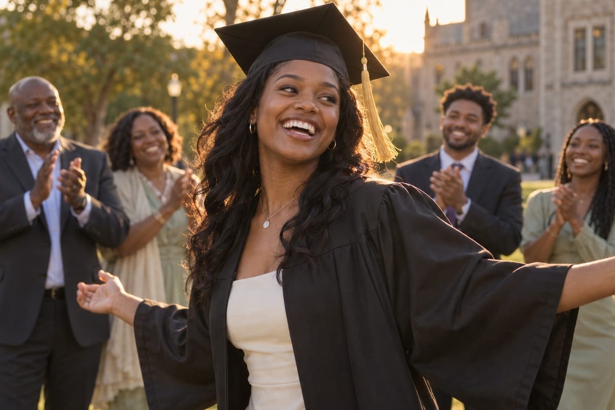 A graduate in cap and gown on a campus lawn, arms wide, her family clapping behind her