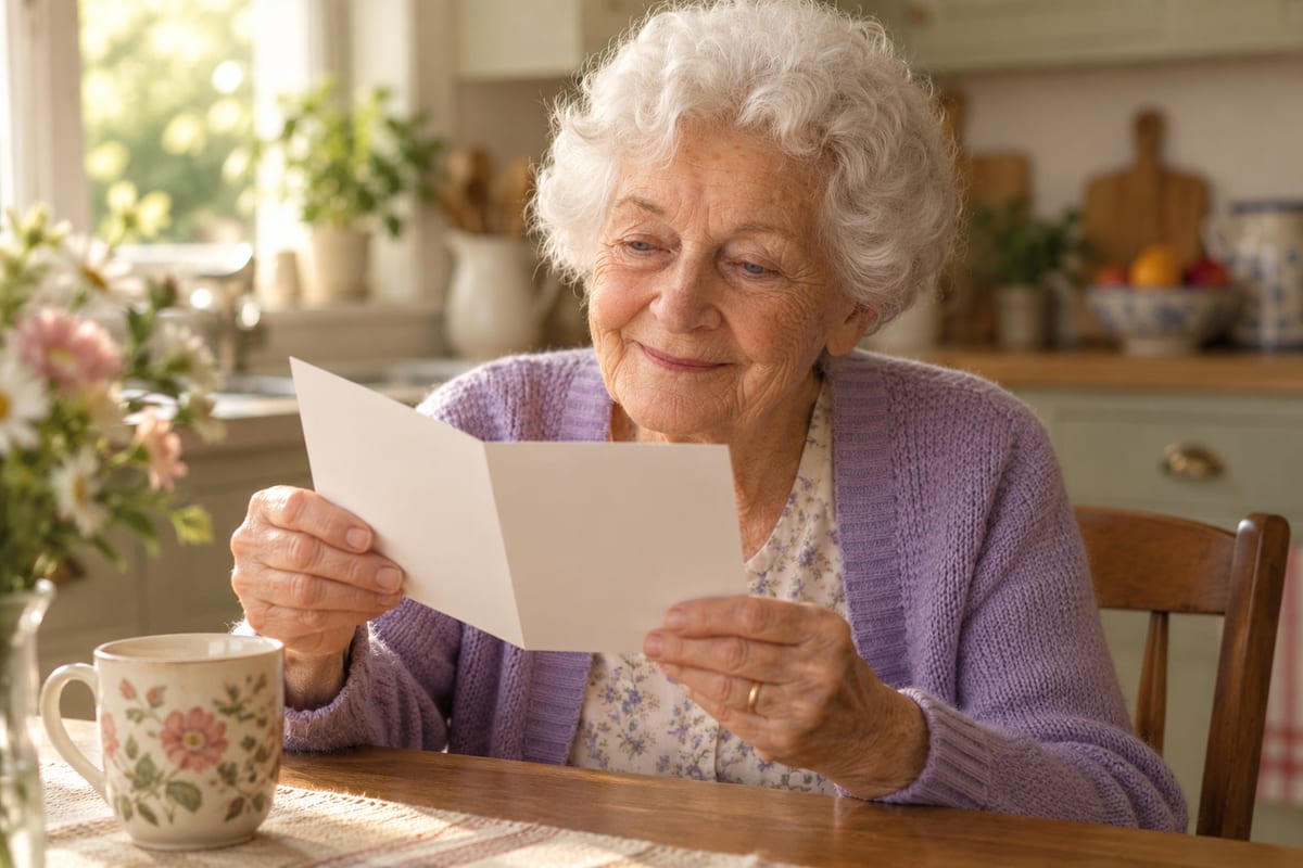 A great-grandmother in a lavender cardigan reading a card at her table