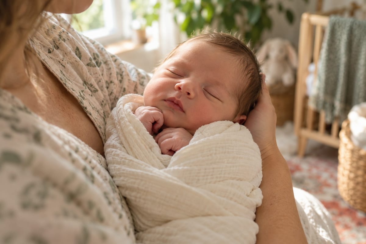 A sleeping newborn swaddled in cream muslin, cradled in a parent’s arms