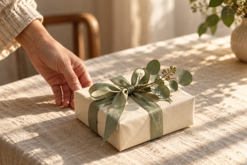 A small gift wrapped in cream paper with a sage ribbon and a sprig of eucalyptus on a linen table