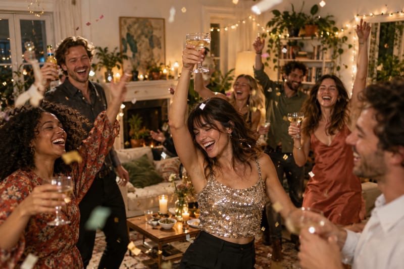 A living-room party mid-cheer, arms raised and confetti falling under string lights