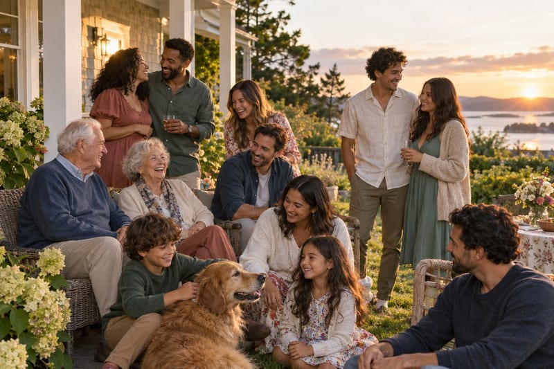 Three generations of a family gathered on a lawn at golden hour, a dog at their feet