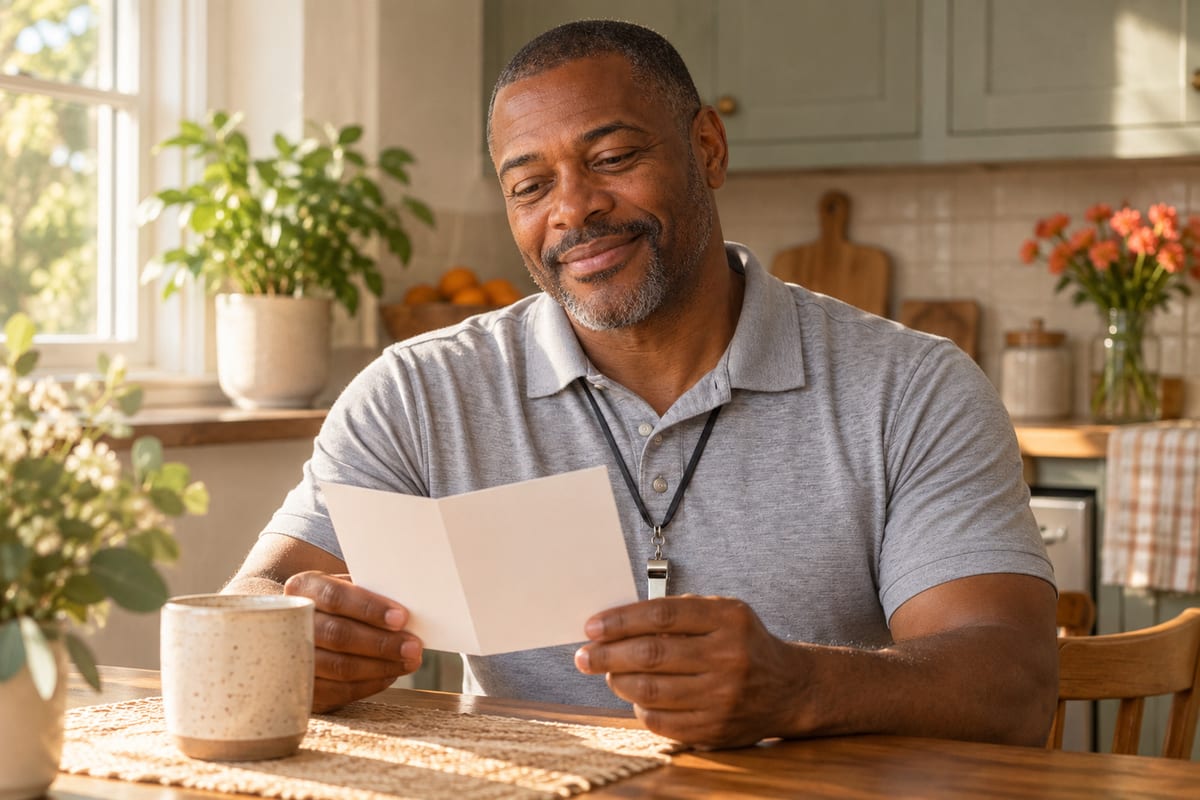 A coach with a whistle around his neck smiling at a card at a kitchen table