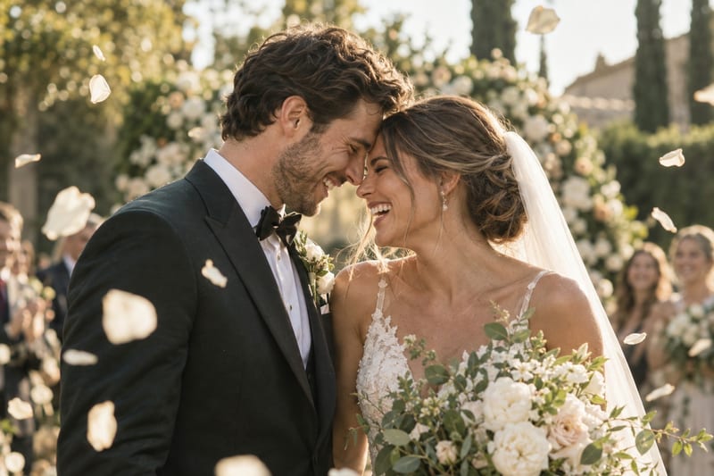 A bride and groom laughing forehead to forehead as petals fall, a garden soft behind them