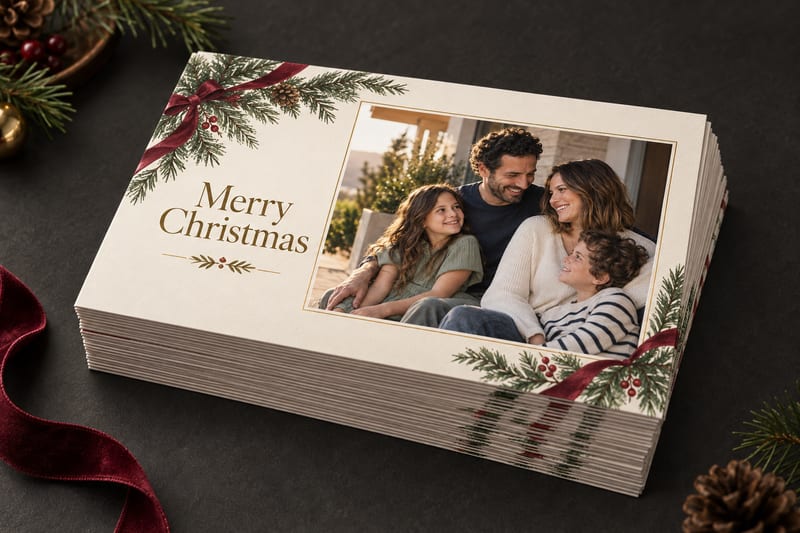 A tall stack of Christmas LifeCards with a family portrait on top, evergreen and a red ribbon beside it