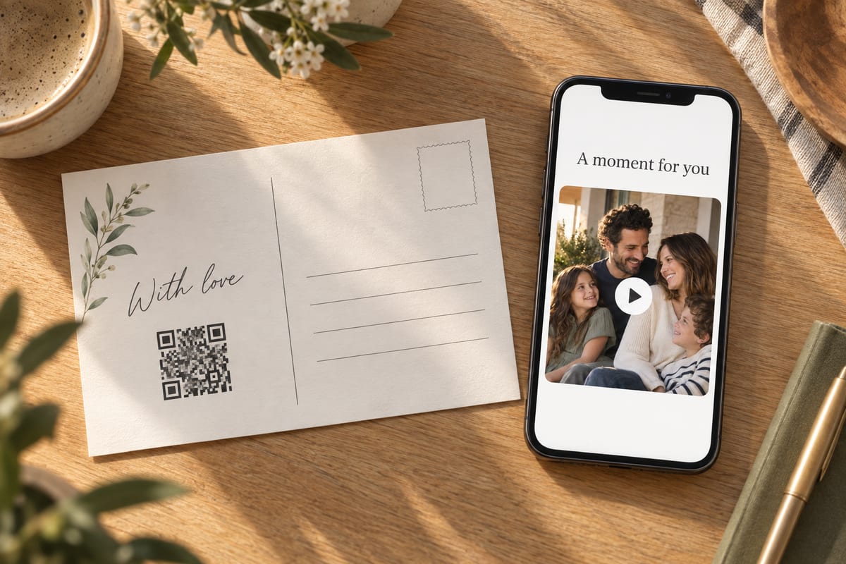 The back of a LifeCard with its QR square lying next to a phone that has opened the private video