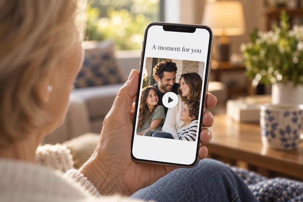 A grandmother’s hand holding a phone that is playing a private family video, “A moment for you”