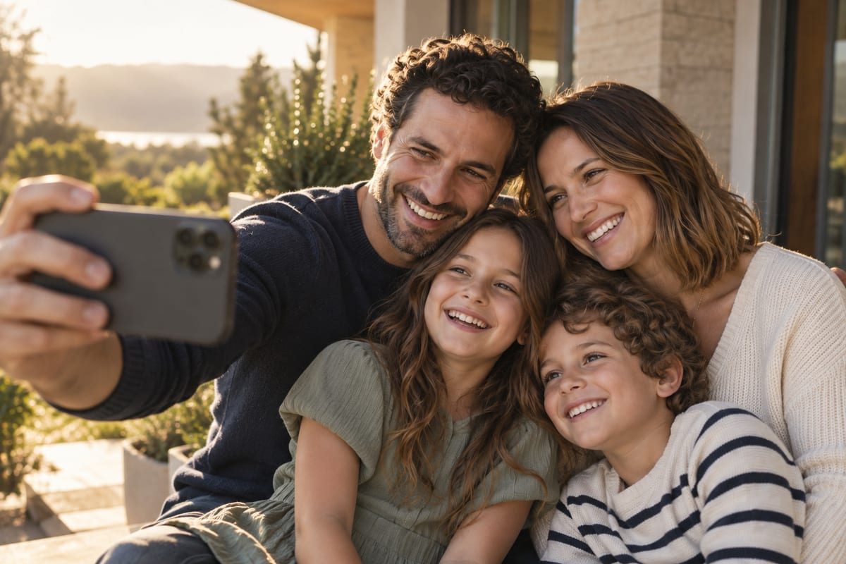 A family of four taking a phone selfie together on their porch