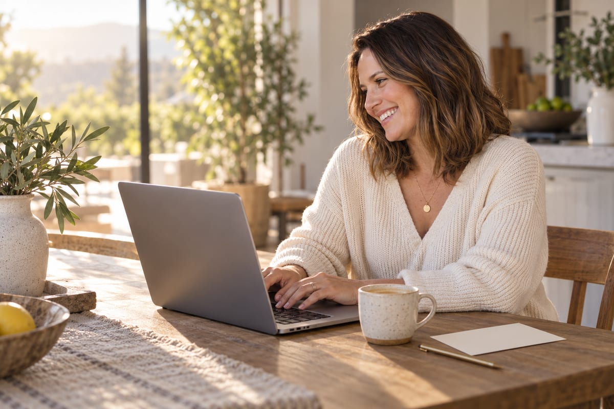 A woman at a kitchen table in morning light, coffee beside her, working on a laptop