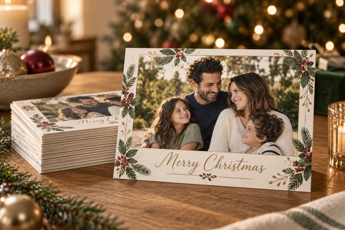 A stack of identical Christmas LifeCards on a wooden table by the tree, the top card propped up to show a family portrait framed in evergreen