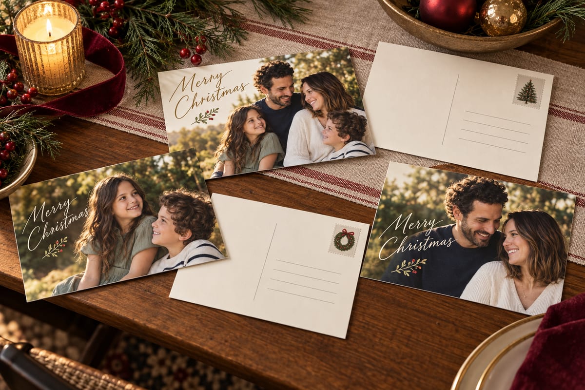 Christmas LifeCards spread on a table by candlelight, fronts with family photos and backs with stamps, ready to mail